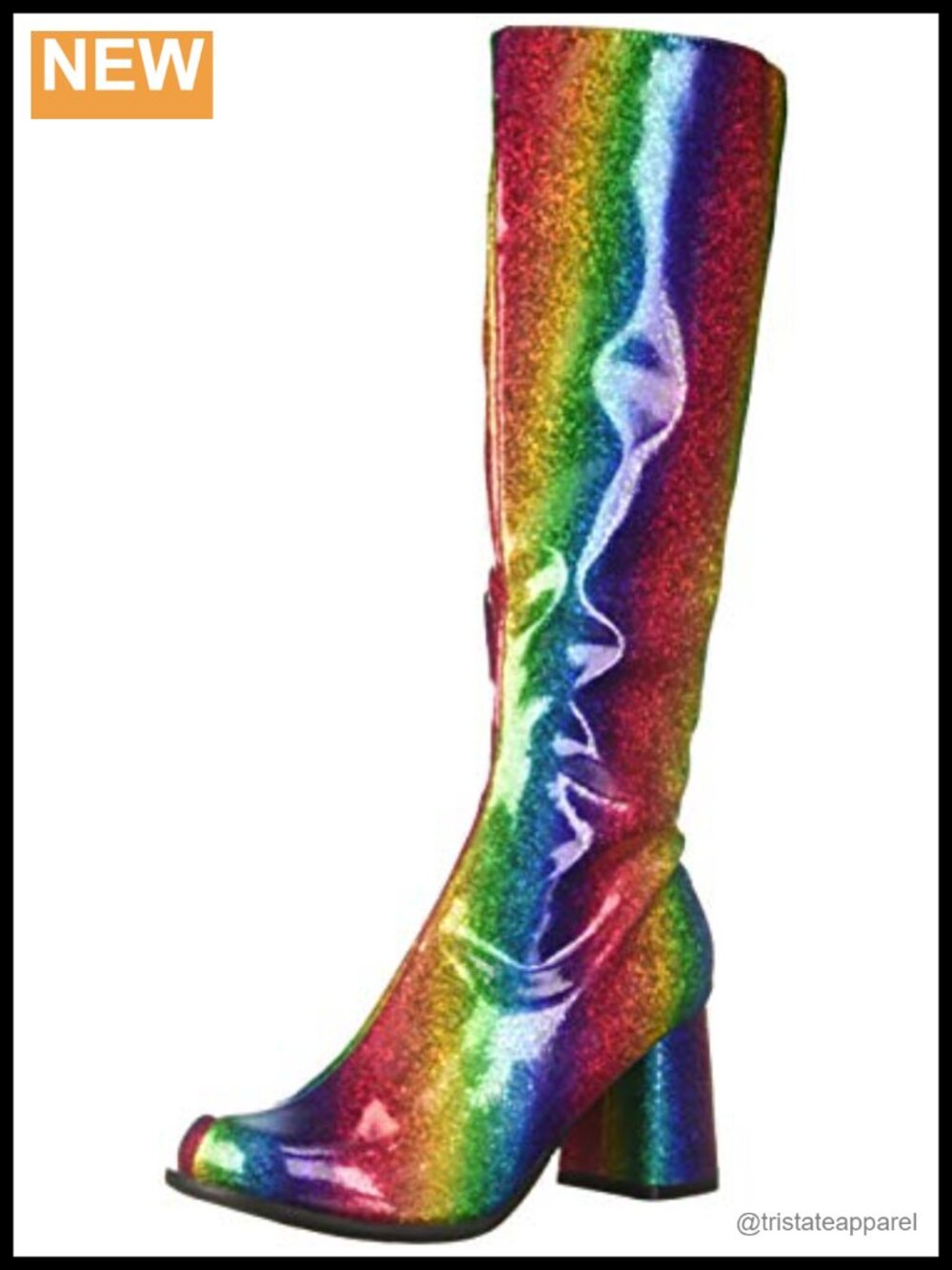 Knee High Boots Square Toe Hiking Block Heel Zip Closure Embroidered Glitter